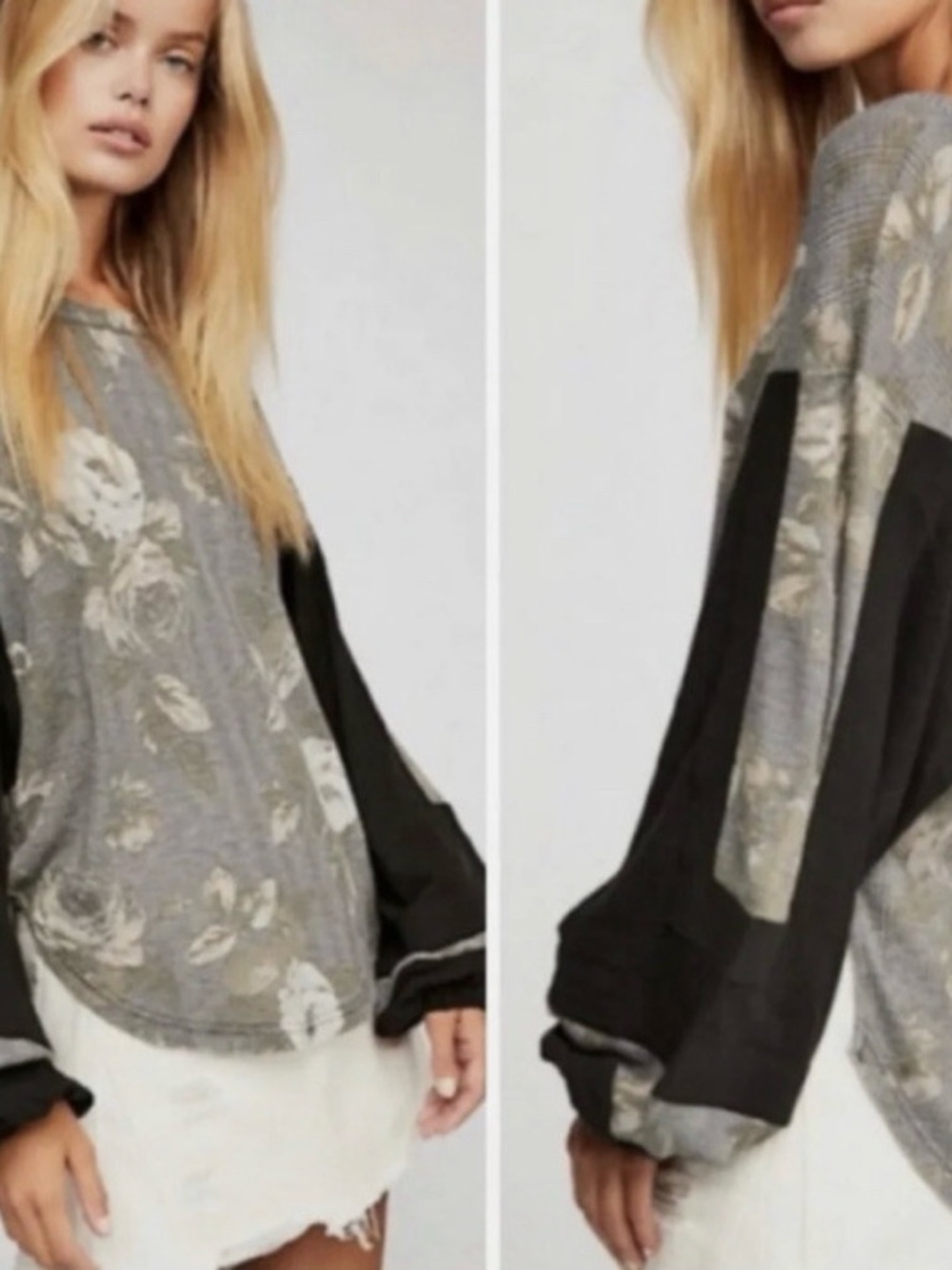 Free People waffle thermal floral balloon sleeve blouse, size M